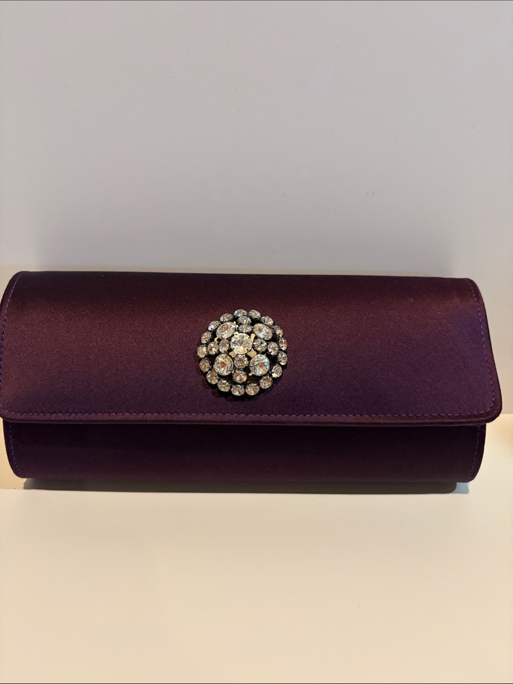 Vintage LK Bennett Purple Satin Clutch with Crystal Brooch